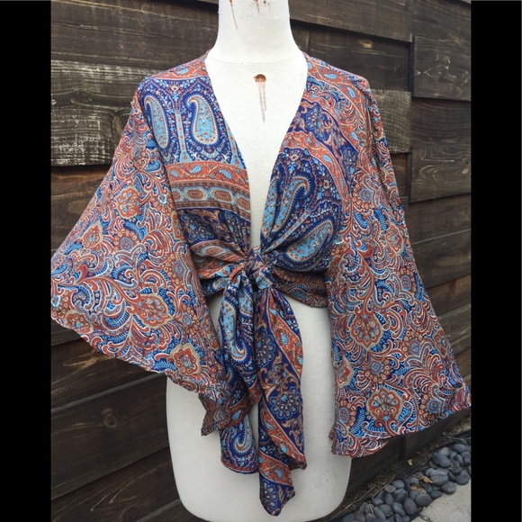 Karma Highway Tops - Blue/Brown Kimono Top wit Butterfly Sleeves